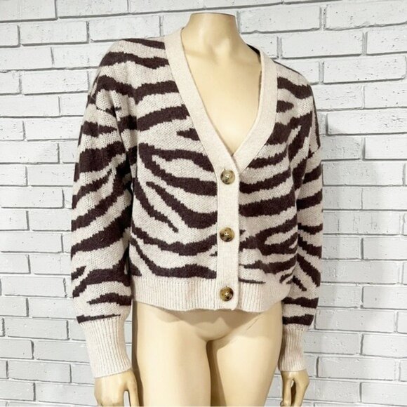 J.Crew Ribbed V-Neck Wool Blend Zebra Stripe Cardigan Size L – NWT - Picture 8 of 9